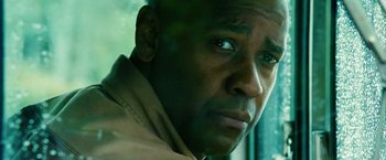 Movie still from “Unstoppable” (2010), directed by Tony Scott – Denzel washington's face in a movie scene; Close Up shot, Low angle