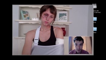 Movie still from “V/H/S” (2012), directed by Joe Swanberg – A woman with a broken arm and a man with bandage on; Close Up shot, Over the shoulder angle