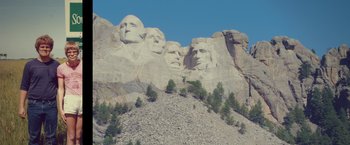 Movie still from “Vacation” (2015), directed by John Francis Daley – A group of statues on top of a mountain with trees; Extreme Wide shot, Low angle