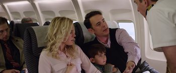 Movie still from “Vacation” (2015), directed by John Francis Daley – A man and a woman sitting next to a child on a plane; Medium shot, Over the shoulder angle