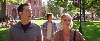Movie still from “Vacation” (2015), directed by John Francis Daley – A group of people walking down a sidewalk; Medium shot, Over the shoulder angle