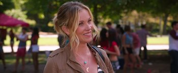 Movie still from “Vacation” (2015), directed by John Francis Daley – A beautiful blonde woman wearing a brown jacket; Close Up shot, Over the shoulder angle