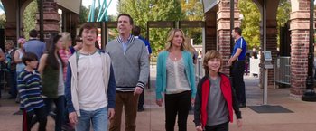 Movie still from “Vacation” (2015), directed by John Francis Daley – A group of people walking down a sidewalk; Medium shot, Over the shoulder angle