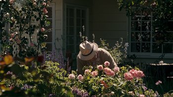 Movie still from “Valentine's Day” (2010), directed by Garry Marshall – A person in a hat is in a garden; Wide shot, High angle
