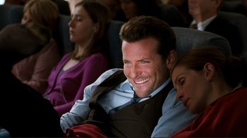 Movie still from “Valentine's Day” (2010), directed by Garry Marshall – A man and a woman are sitting in a row of seats; Medium shot, Over the shoulder angle