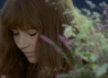 Movie still from “Valerie and Her Week of Wonders” (1970), directed by Jaromil Jires – A woman with brown hair and a pink and white flower; Close Up shot, High angle