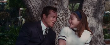 Movie still from “Valley of the Dolls” (1967), directed by Mark Robson – A man and a woman sitting next to a tree; Medium shot, Low angle