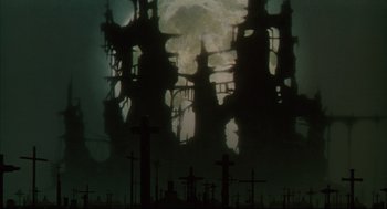 Movie still from “Vampire Hunter D: Bloodlust” (2000), directed by Yoshiaki Kawajiri – A dark picture of a city in the night; Extreme Wide shot, Low angle