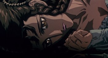 Movie still from “Vampire Hunter D: Bloodlust” (2000), directed by Yoshiaki Kawajiri – A woman's face in a painting; Close Up shot, Overhead angle