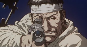 Movie still from “Vampire Hunter D: Bloodlust” (2000), directed by Yoshiaki Kawajiri – A man holding a gun while wearing a headband; Extreme Close Up shot, Low angle