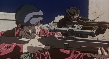 Movie still from “Vampire Hunter D: Bloodlust” (2000), directed by Yoshiaki Kawajiri – A painting of two men with guns in a field; Close Up shot, Low angle