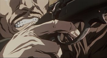 Movie still from “Vampire Hunter D: Bloodlust” (2000), directed by Yoshiaki Kawajiri – A person holding a gun; Extreme Close Up shot, Overhead angle