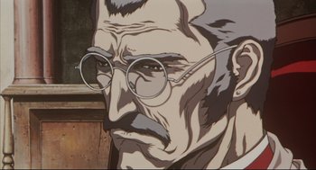 Movie still from “Vampire Hunter D: Bloodlust” (2000), directed by Yoshiaki Kawajiri – An old man with a mustache wearing glasses; Extreme Close Up shot, Low angle