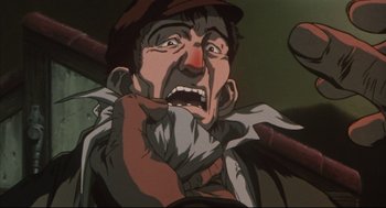 Movie still from “Vampire Hunter D: Bloodlust” (2000), directed by Yoshiaki Kawajiri – An old man with a beard and a hat is holding a pipe; Extreme Close Up shot, Low angle