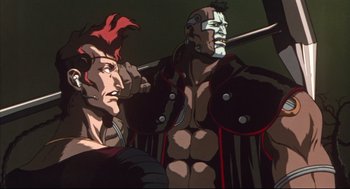 Movie still from “Vampire Hunter D: Bloodlust” (2000), directed by Yoshiaki Kawajiri – A couple of men standing next to each other; Medium shot, Low angle