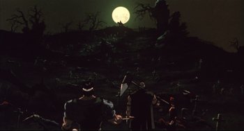 Movie still from “Vampire Hunter D: Bloodlust” (2000), directed by Yoshiaki Kawajiri – A group of people standing on top of a hill under a full moon; Extreme Wide shot, Low angle