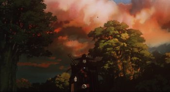 Movie still from “Vampire Hunter D: Bloodlust” (2000), directed by Yoshiaki Kawajiri – A painting of trees and clouds in the sky; Wide shot, Low angle