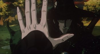 Movie still from “Vampire Hunter D: Bloodlust” (2000), directed by Yoshiaki Kawajiri – A man's hand with a black hat on; Extreme Close Up shot, Low angle