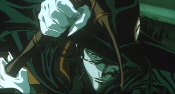 Movie still from “Vampire Hunter D: Bloodlust” (2000), directed by Yoshiaki Kawajiri – A person with a hat and a sword; Close Up shot, Low angle
