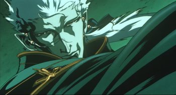 Movie still from “Vampire Hunter D: Bloodlust” (2000), directed by Yoshiaki Kawajiri – View of a man's face in a painting; Close Up shot, Low angle