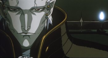Movie still from “Vampire Hunter D: Bloodlust” (2000), directed by Yoshiaki Kawajiri – Picture of a man's face in a painting; Close Up shot, Low angle