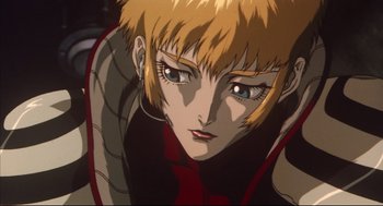 Movie still from “Vampire Hunter D: Bloodlust” (2000), directed by Yoshiaki Kawajiri – A person with blond hair; Close Up shot, Low angle