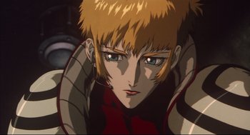 Movie still from “Vampire Hunter D: Bloodlust” (2000), directed by Yoshiaki Kawajiri – A person with blond hair; Close Up shot, Low angle