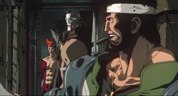 Movie still from “Vampire Hunter D: Bloodlust” (2000), directed by Yoshiaki Kawajiri – A group of men standing next to each other in a room; Medium shot, Low angle