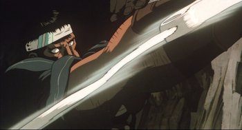 Movie still from “Vampire Hunter D: Bloodlust” (2000), directed by Yoshiaki Kawajiri – An animated picture of a man holding a sword; Medium shot, Low angle
