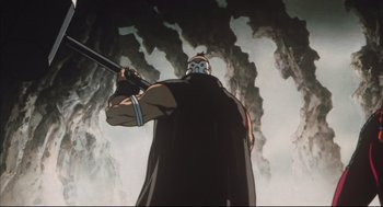 Movie still from “Vampire Hunter D: Bloodlust” (2000), directed by Yoshiaki Kawajiri – A man holding a baseball bat while standing in front of smoke; Medium shot, Low angle