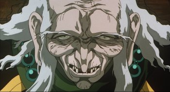 Movie still from “Vampire Hunter D: Bloodlust” (2000), directed by Yoshiaki Kawajiri – An illustration of an old man's face with long white hair; Extreme Close Up shot, Low angle