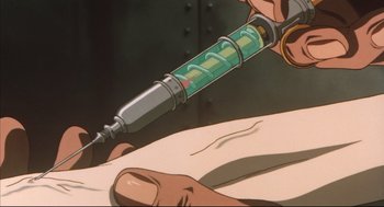 Movie still from “Vampire Hunter D: Bloodlust” (2000), directed by Yoshiaki Kawajiri – An image of a person using an electric device on a bed; Extreme Close Up shot, Overhead angle