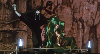 Movie still from “Vampire Hunter D: Bloodlust” (2000), directed by Yoshiaki Kawajiri – A group of people standing next to each other in front of a wall; Wide shot, Low angle