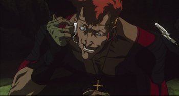 Movie still from “Vampire Hunter D: Bloodlust” (2000), directed by Yoshiaki Kawajiri – An animated man with red hair is listening to music on his phone; Close Up shot, Low angle