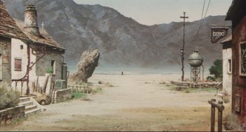 Movie still from “Vampire Hunter D: Bloodlust” (2000), directed by Yoshiaki Kawajiri – An oil painting of an open desert area with mountains in the background; Extreme Wide shot, High angle