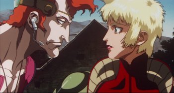 Movie still from “Vampire Hunter D: Bloodlust” (2000), directed by Yoshiaki Kawajiri – Two people with one of them looking at the other person; Close Up shot, Low angle