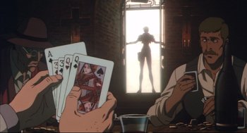 Movie still from “Vampire Hunter D: Bloodlust” (2000), directed by Yoshiaki Kawajiri – Two people sitting at a table holding playing cards; Medium shot, Low angle