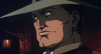 Movie still from “Vampire Hunter D: Bloodlust” (2000), directed by Yoshiaki Kawajiri – A man's face with a hat on; Extreme Close Up shot, Low angle