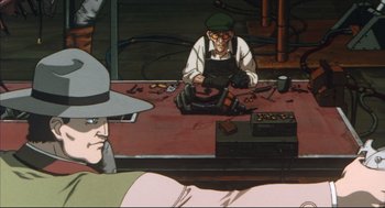 Movie still from “Vampire Hunter D: Bloodlust” (2000), directed by Yoshiaki Kawajiri – An animated scene of a man using a drill; Medium shot, Low angle