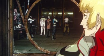 Movie still from “Vampire Hunter D: Bloodlust” (2000), directed by Yoshiaki Kawajiri – A group of people standing around in a building; Medium shot, Low angle