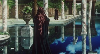 Movie still from “Vampire Hunter D: Bloodlust” (2000), directed by Yoshiaki Kawajiri – A woman in a black cloak standing in front of a pool; Wide shot, Over the shoulder angle