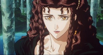 Movie still from “Vampire Hunter D: Bloodlust” (2000), directed by Yoshiaki Kawajiri – A woman's face with long hair; Close Up shot, Low angle