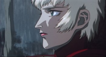 Movie still from “Vampire Hunter D: Bloodlust” (2000), directed by Yoshiaki Kawajiri – An anime character with white hair and blue eyes; Close Up shot, Low angle