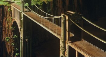 Movie still from “Vampire Hunter D: Bloodlust” (2000), directed by Yoshiaki Kawajiri – A wooden bridge with a metal rail over it's sides; Extreme Wide shot, High angle