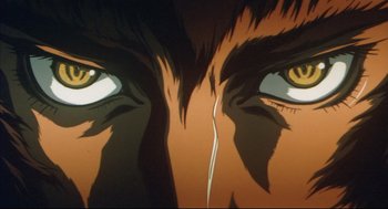 Movie still from “Vampire Hunter D: Bloodlust” (2000), directed by Yoshiaki Kawajiri – Picture of the eyes of a man; Extreme Close Up shot, Overhead angle