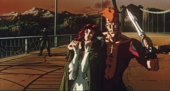 Movie still from “Vampire Hunter D: Bloodlust” (2000), directed by Yoshiaki Kawajiri – A man and a woman standing next to each other on a bridge; Medium shot, Low angle