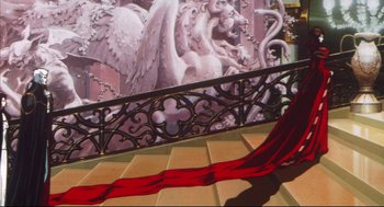 Movie still from “Vampire Hunter D: Bloodlust” (2000), directed by Yoshiaki Kawajiri – A painting of a staircase with a metal railing; Wide shot, Low angle