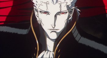 Movie still from “Vampire Hunter D: Bloodlust” (2000), directed by Yoshiaki Kawajiri – A man's face in a painting; Close Up shot, Low angle