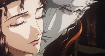 Movie still from “Vampire Hunter D: Bloodlust” (2000), directed by Yoshiaki Kawajiri – Picture of a woman's face and a man's face; Extreme Close Up shot, Low angle