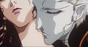 Movie still from “Vampire Hunter D: Bloodlust” (2000), directed by Yoshiaki Kawajiri – A woman's face and a man's face; Extreme Close Up shot, Low angle